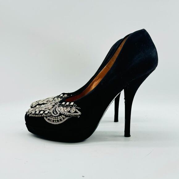 Dries van Noten Shoes Womens 6.5 Black Suede Heels Silver Beaded Chain Stilettos - Picture 4 of 12